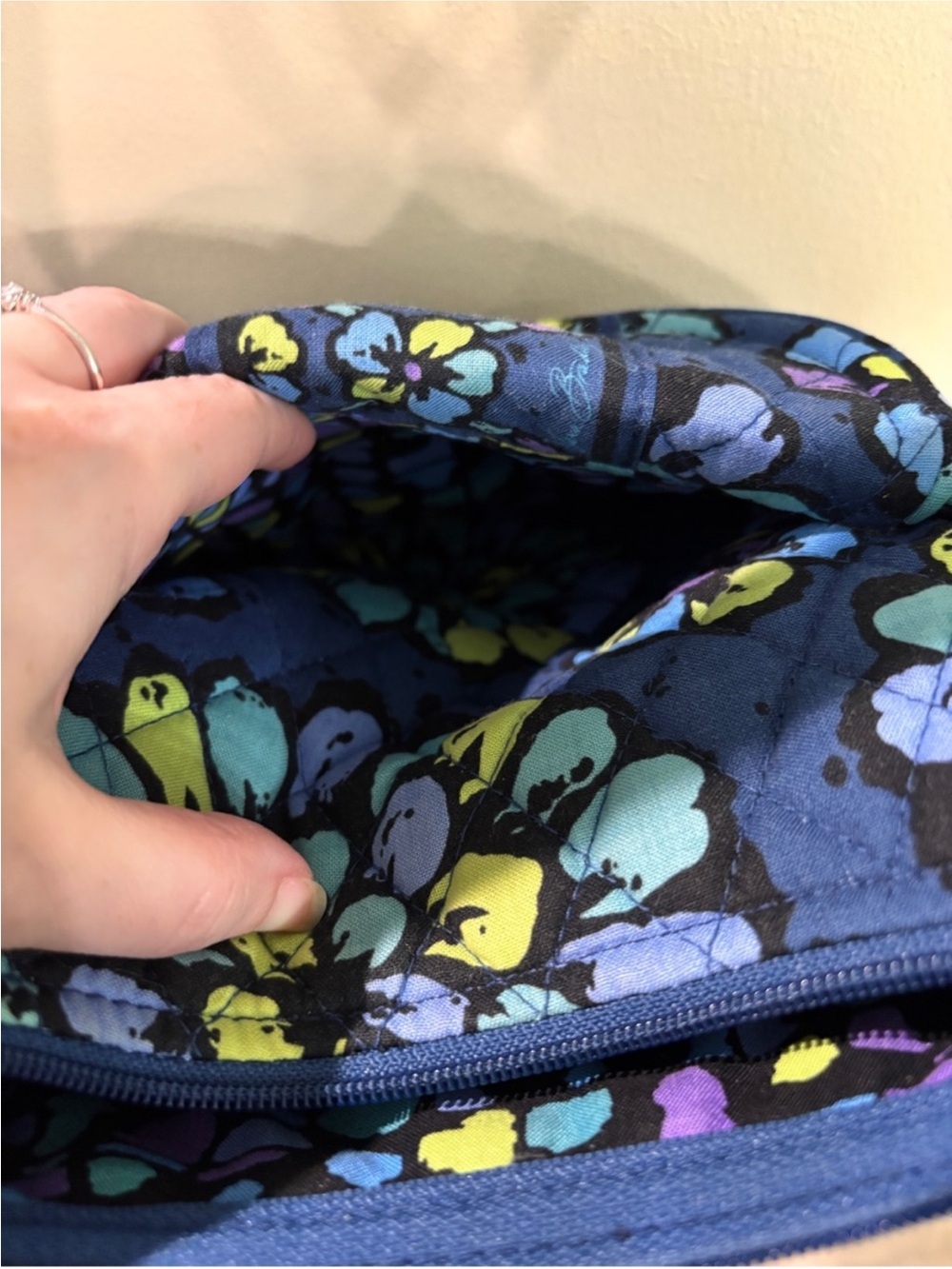 FINAL Vera Bradley Navy Quilted Crossbody with Teal, Lime & Purple Floral Print - Picture 9 of 13